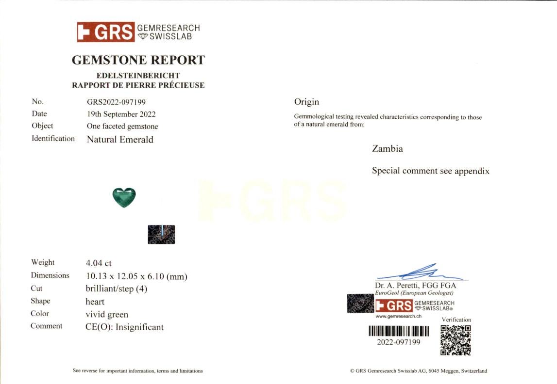 Heart Cut GRS Certified INSIGNIFICANT OIL 4 Carat Heart Shape Emerald Diamond Ring For Sale