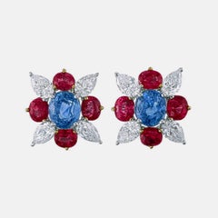 GIA certified Kashmir Blue Sapphire, Burma Ruby And Diamond Earrings In 18k WG
