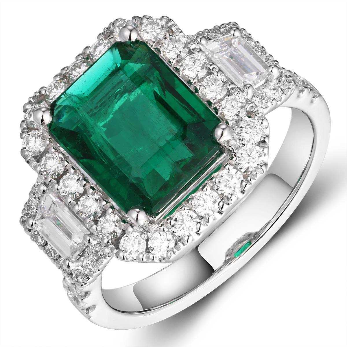 Modern GRS Certified Ladies Statement 3.38ct Zambian Emerald, Cut Emerald Diamond Ring For Sale