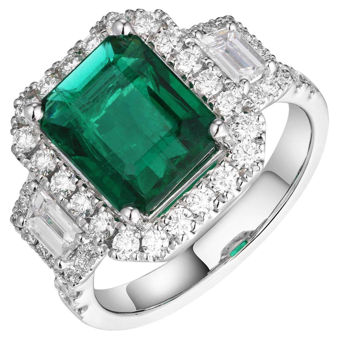 GRS Certified Ladies Statement 3.38ct Zambian Emerald, Cut Emerald Diamond Ring For Sale