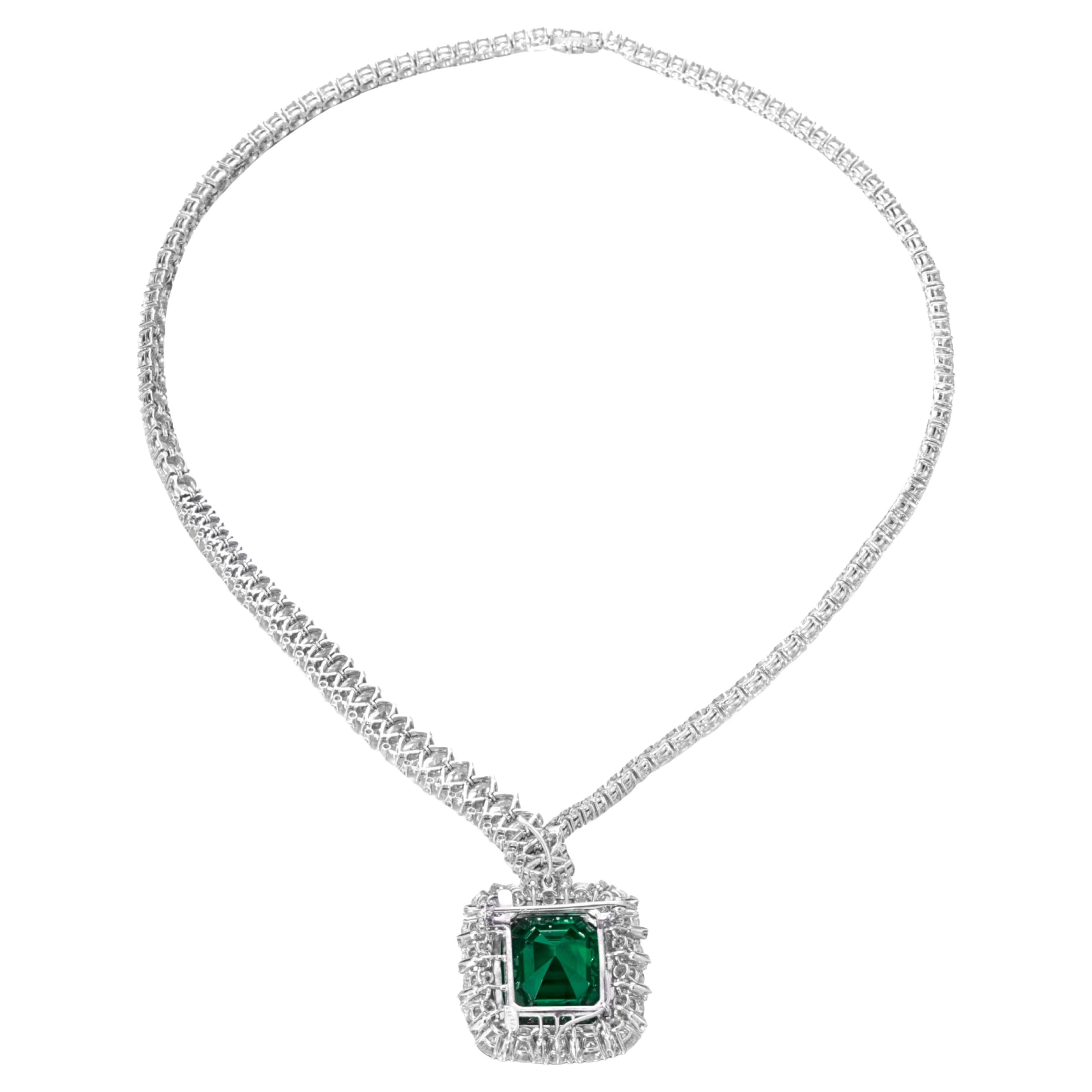 Cushion Cut GRS Certified Minor Oil 19 Ct. Green Emerald Diamond Necklace For Sale