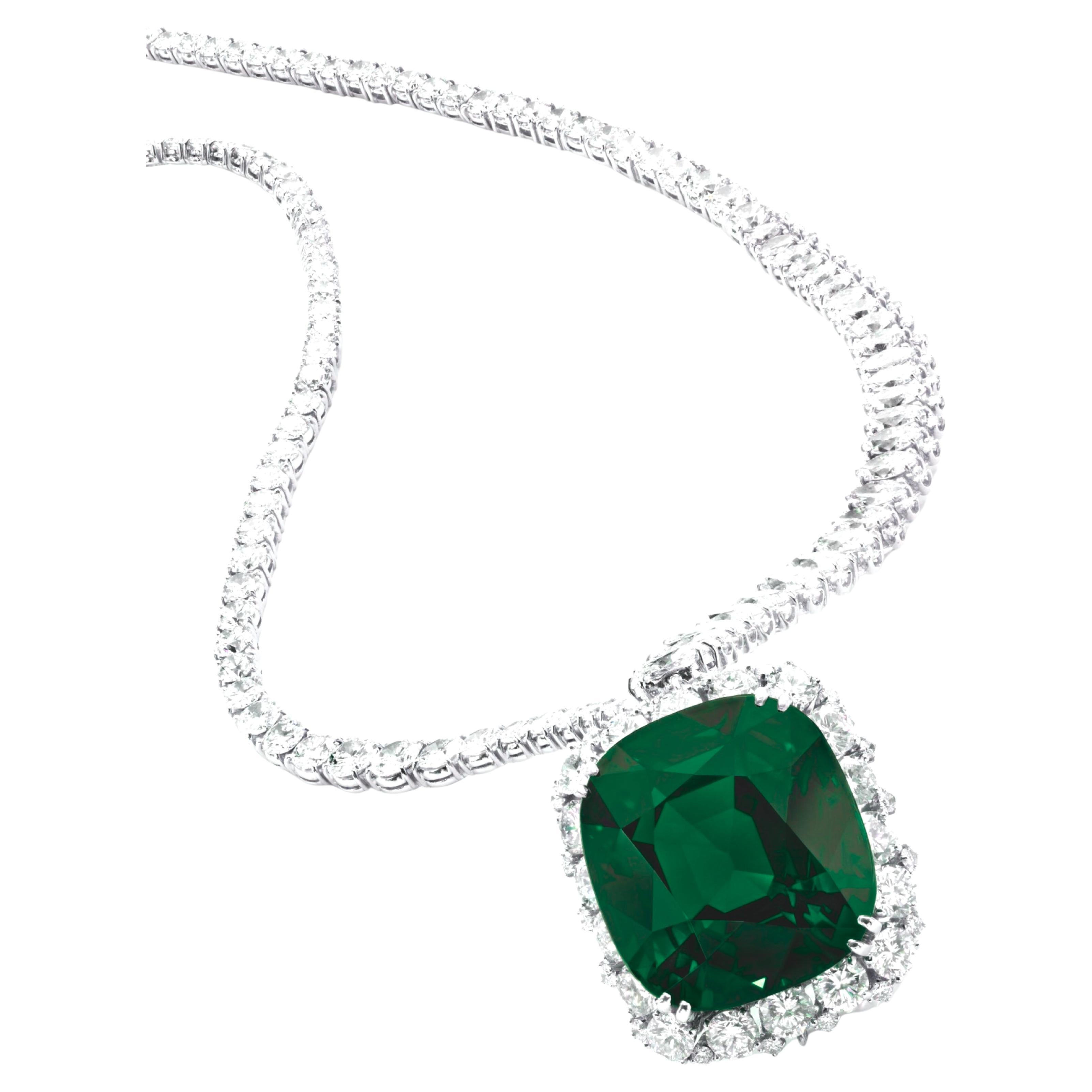 GRS Certified Minor Oil 19 Ct. Green Emerald Diamond Necklace
