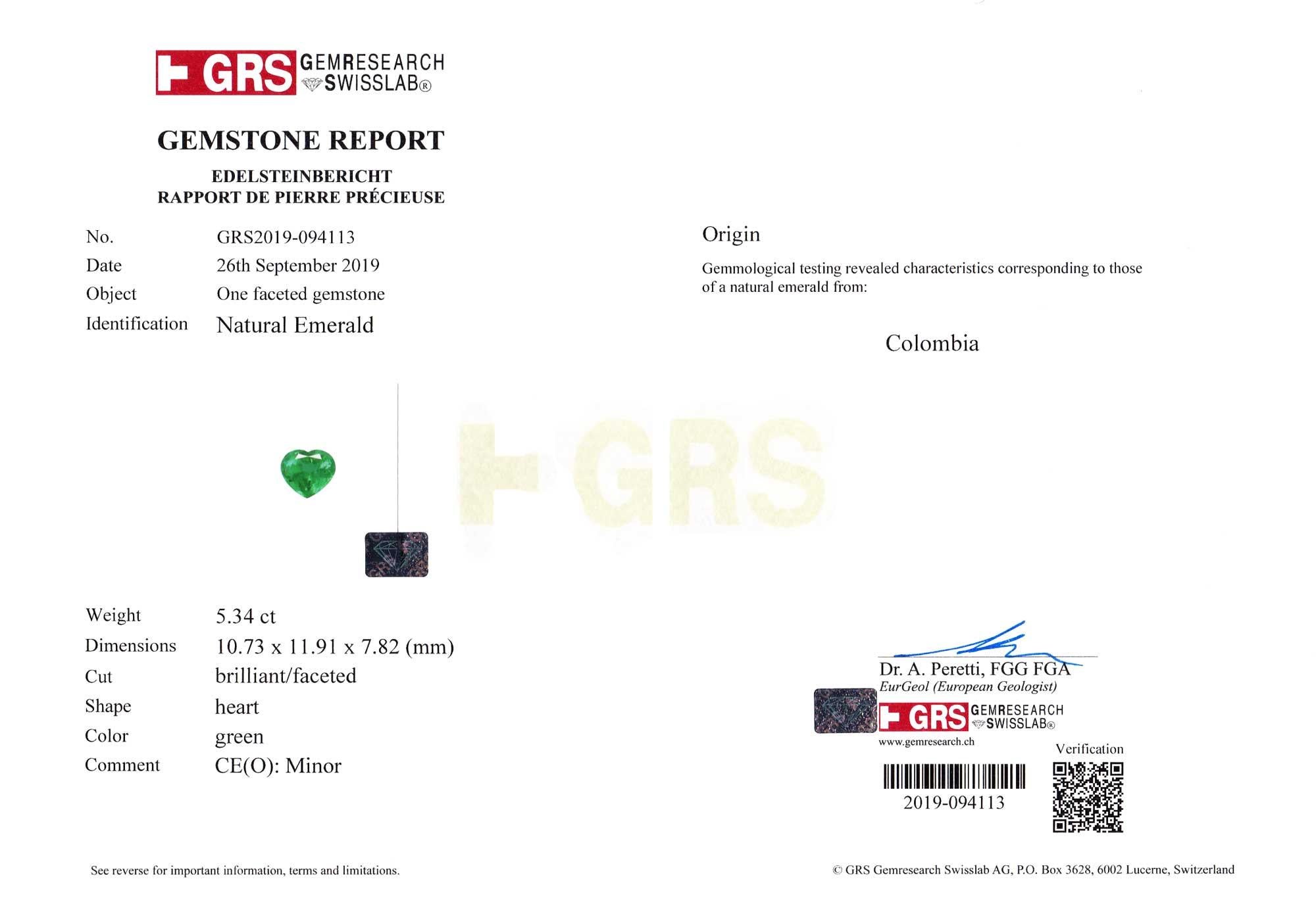 Taille cœur GRS Certified MINOR OIL Colombian Vivid Green Heart Cut Ring (Bague de coupe en forme de coeur) en vente