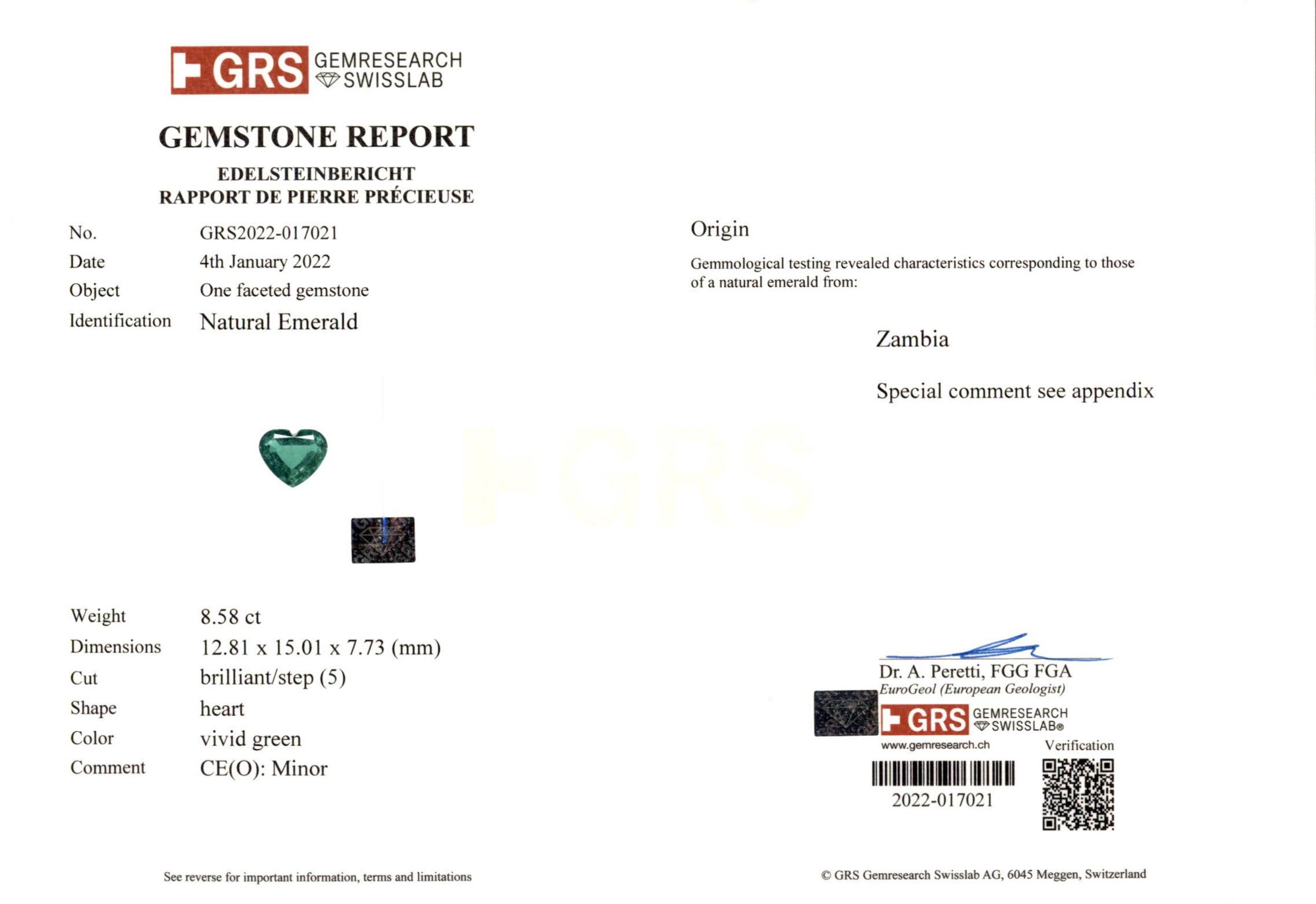 Heart Cut GRS Certified Minor Oil Vivid Green 8.58 Carat Heart Shape Emerald Ring For Sale