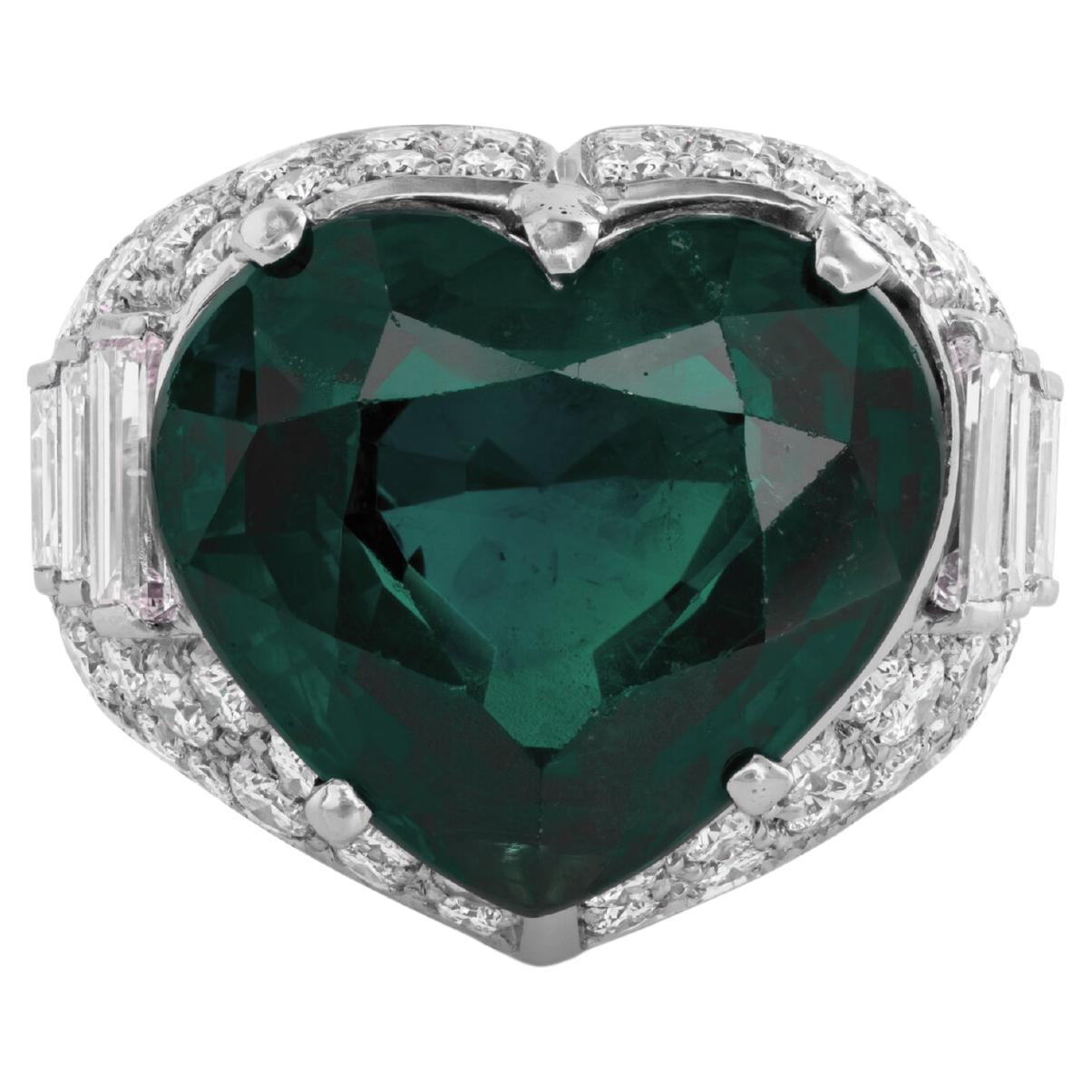 GRS Certified Minor Oil Vivid Green 8.58 Carat Heart Shape Emerald Ring