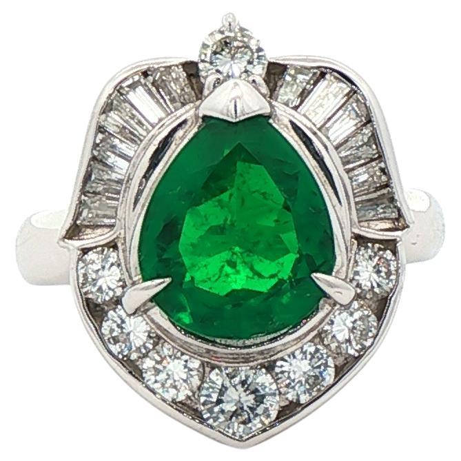 GRS Certified Muzo Colombian Emerald and Diamond Antique Platinum Ring For Sale