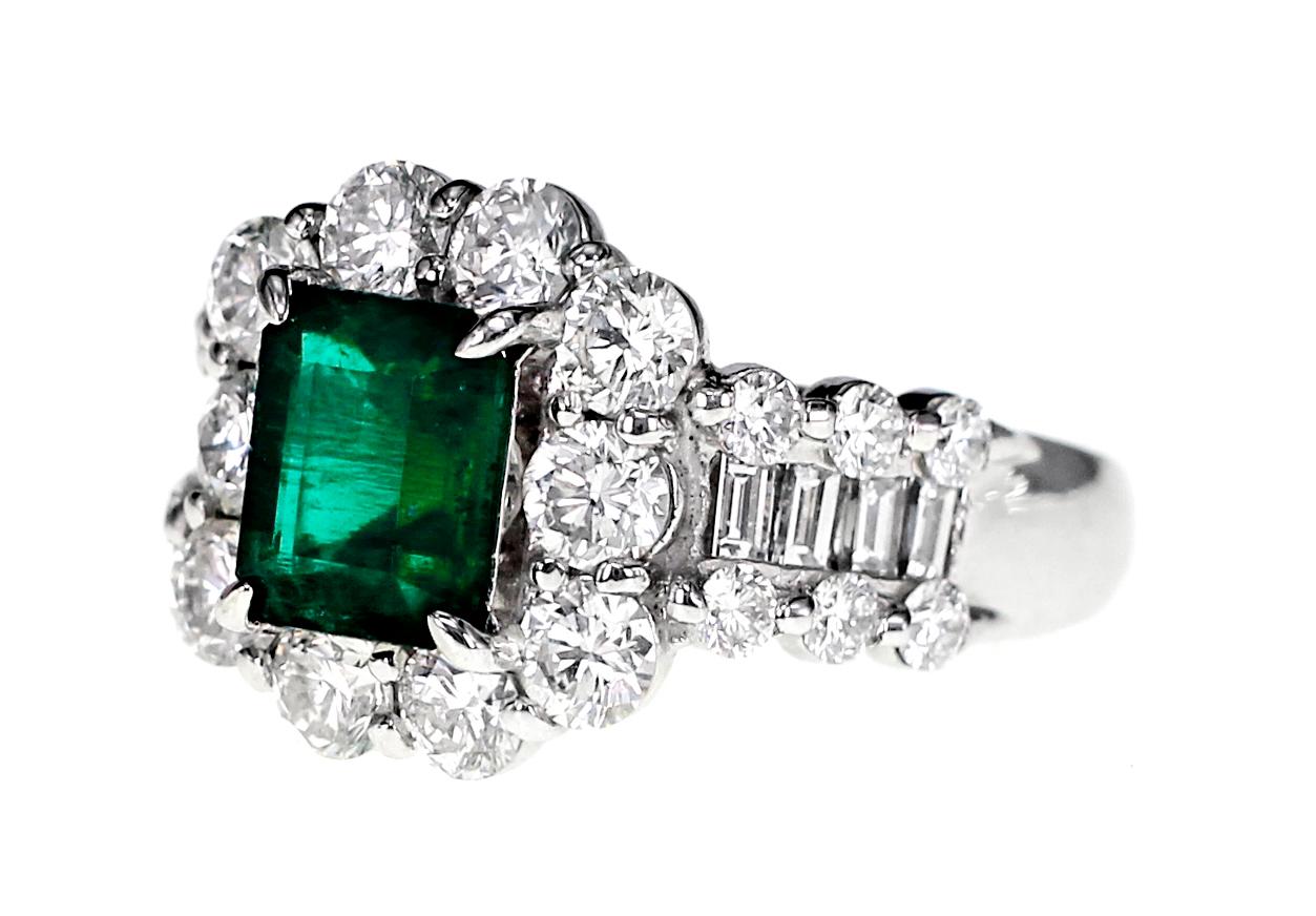 This particular 1.36 carat emerald displays an additional velvety appearance caused by a rare growth phenomenon described in the literature as 