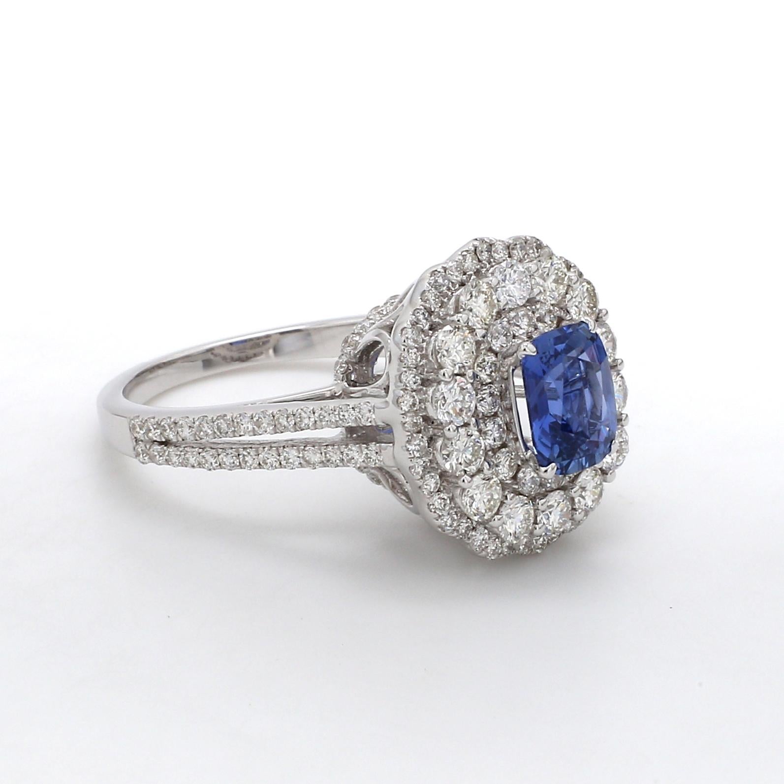 A Beautiful Handcrafted Ring in 18 karat White Gold  with Natural No Heat GRS Certified Blue Sapphire of Sri Lanka ( Ceylon) origin and Brilliant Cut Colorless Diamonds.

Sapphire Details
Weight: 1.30 carats
Accompanied by GRS certificate
