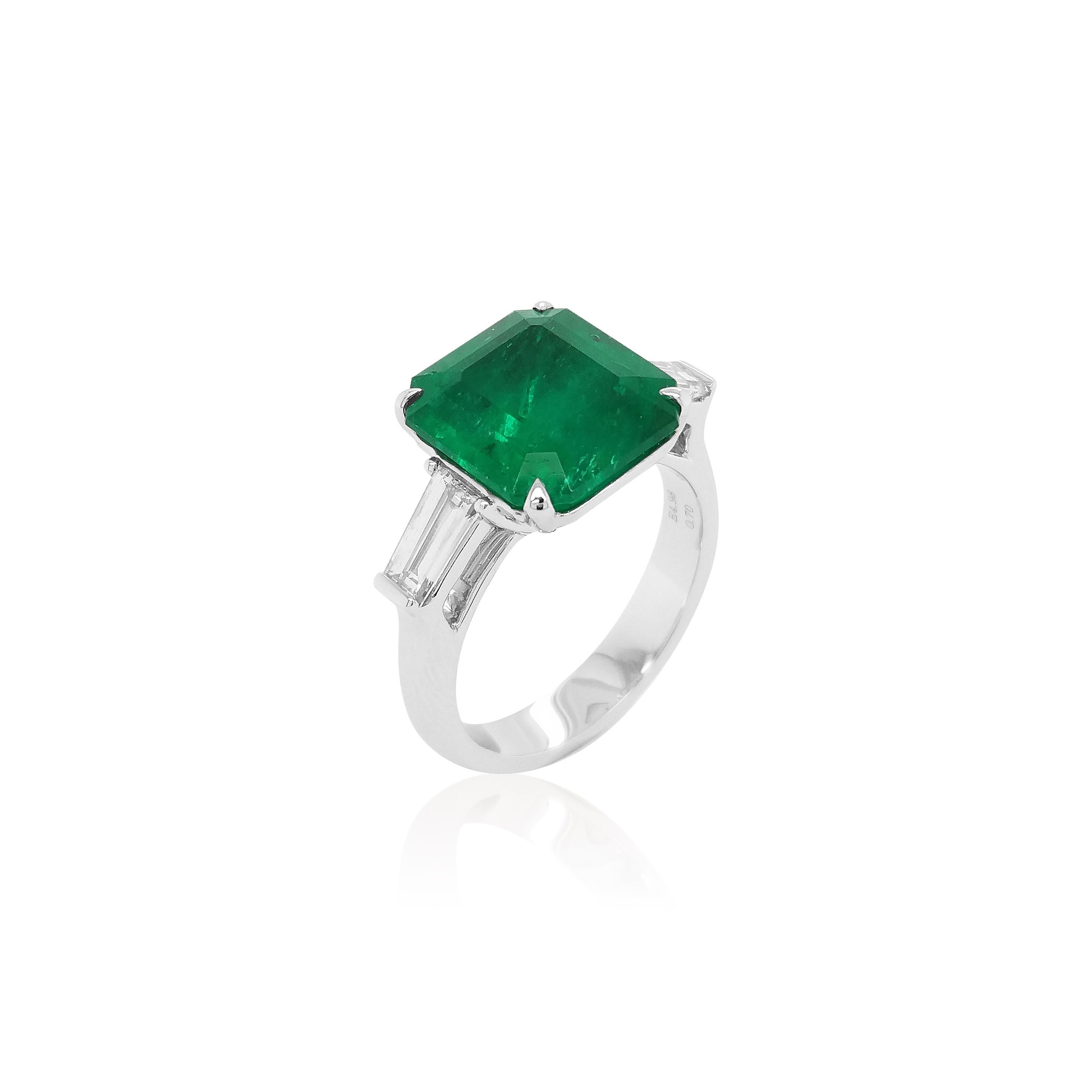 Emerald Cut GRS Certified Natural Muzo Colombian Emerald and White Diamond Platinum Ring