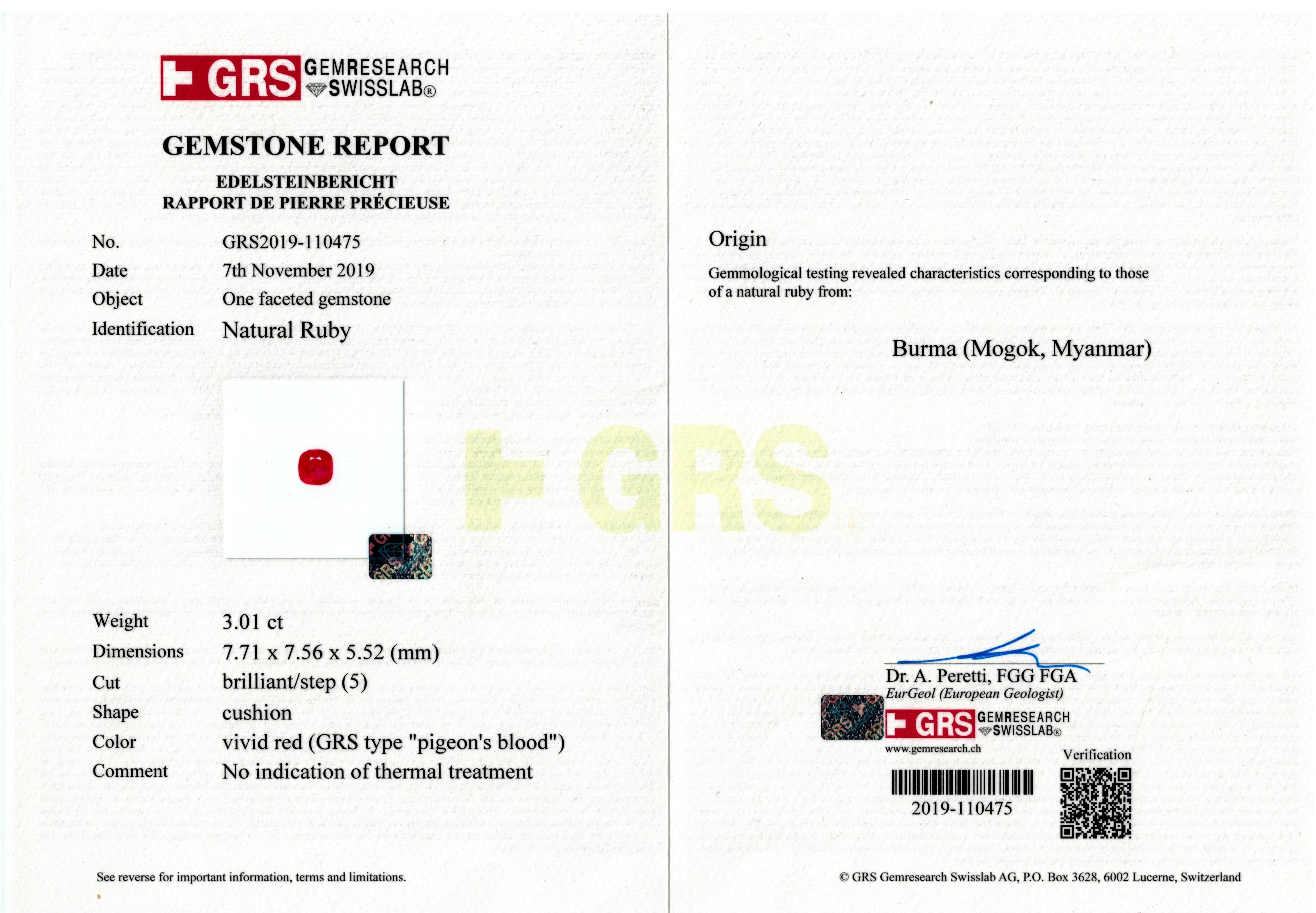 GRS Certified Natural Pigeon's Blood Red Ruby 'Burma/Myanmar, Mogok' 3.0ct Ring 3