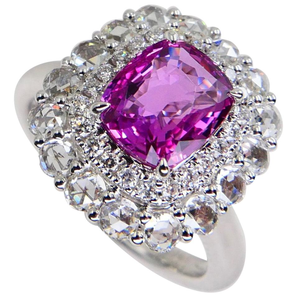GRS Certified 2.04 Cts Natural Vivid Pink No Heat Sapphire Rose Cut Diamond Ring