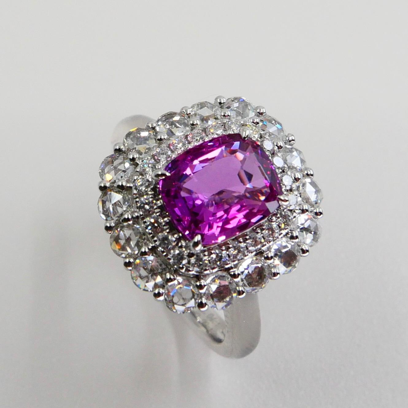 GRS Certified 2.04 Cts Natural Vivid Pink No Heat Sapphire Rose Cut Diamond Ring In New Condition For Sale In Hong Kong, HK