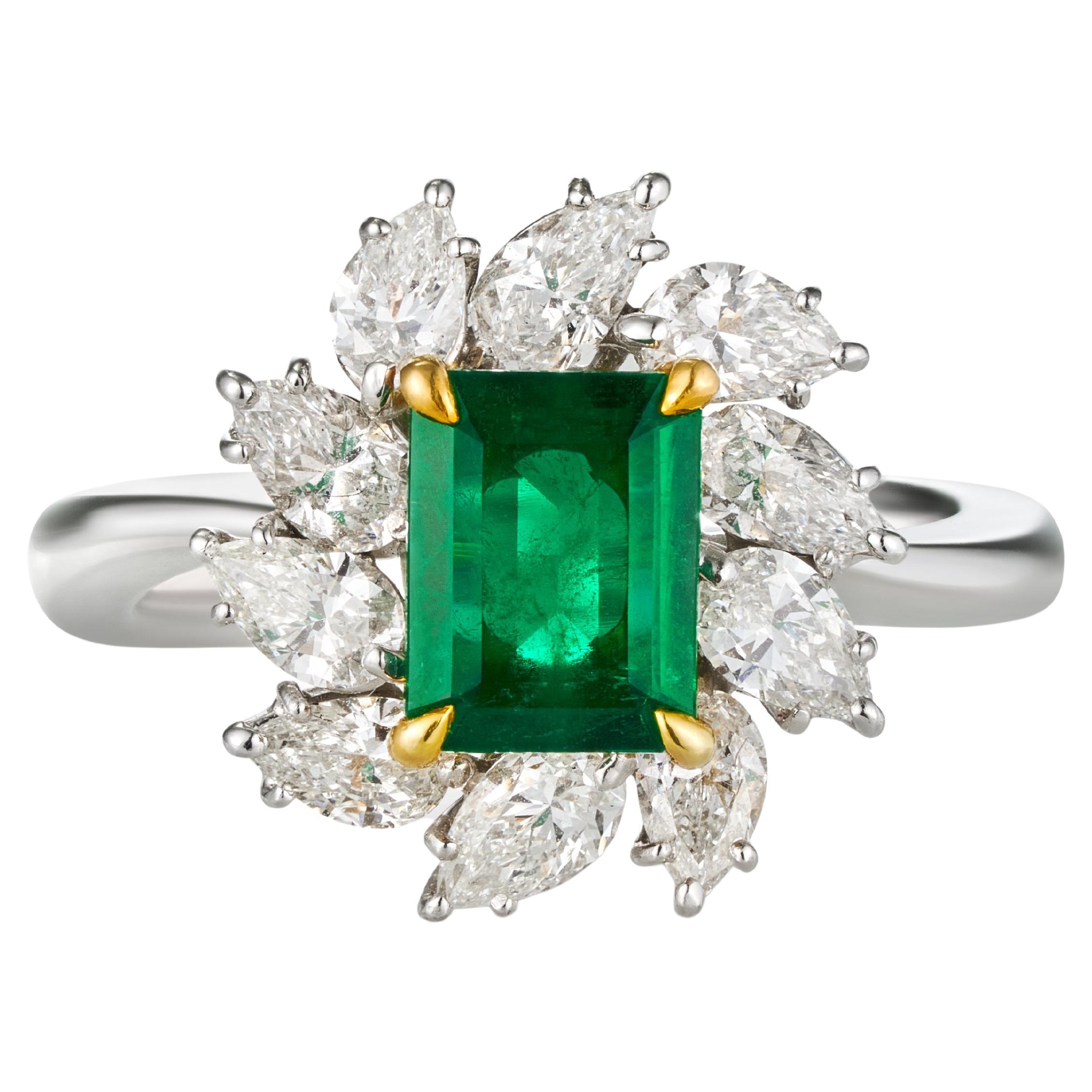 GRS Certified Natural Rare Afghan Emerald Diamond Ring - Vivid Green  For Sale