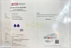 Saphir naturel certifié GRS Color Change : 10.06 Carat Pear Cut Gemstone