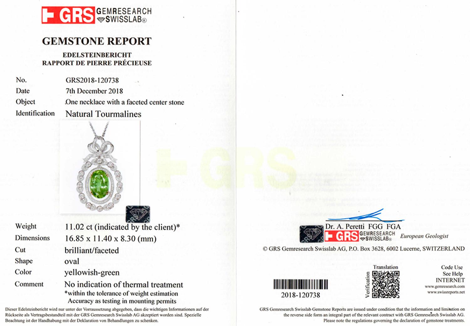 Contemporaneo Ciondolo con tormalina verde non riscaldata certificata GRS con diamanti 12 carati 18K in vendita