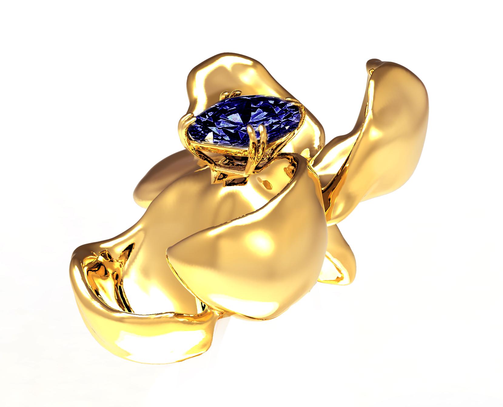 Contemporary One Carat Royal Blue Sapphire Sculptural Brooch in Eighteen Karat Gold For Sale