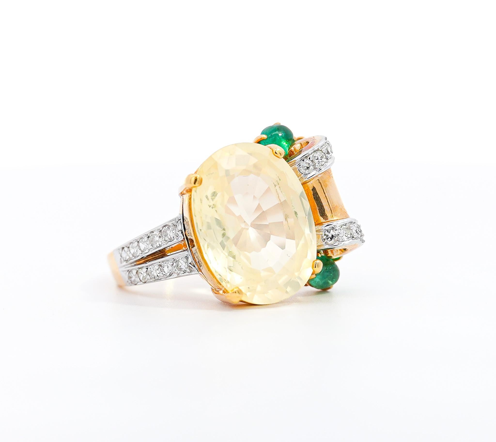 Baroque GRS Certified No Heat 12.61 Carat Oval Yellow Sapphire & Emerald Floral Ring For Sale