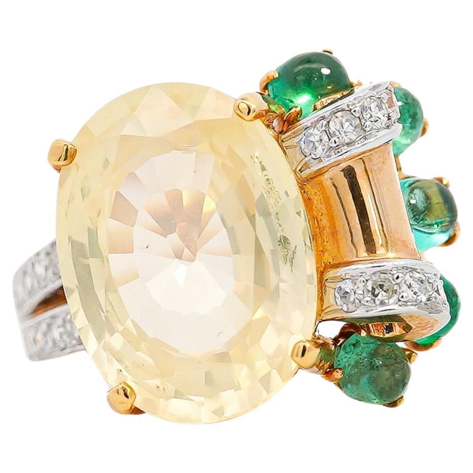 GRS Certified No Heat 12.61 Carat Oval Yellow Sapphire & Emerald Floral Ring For Sale