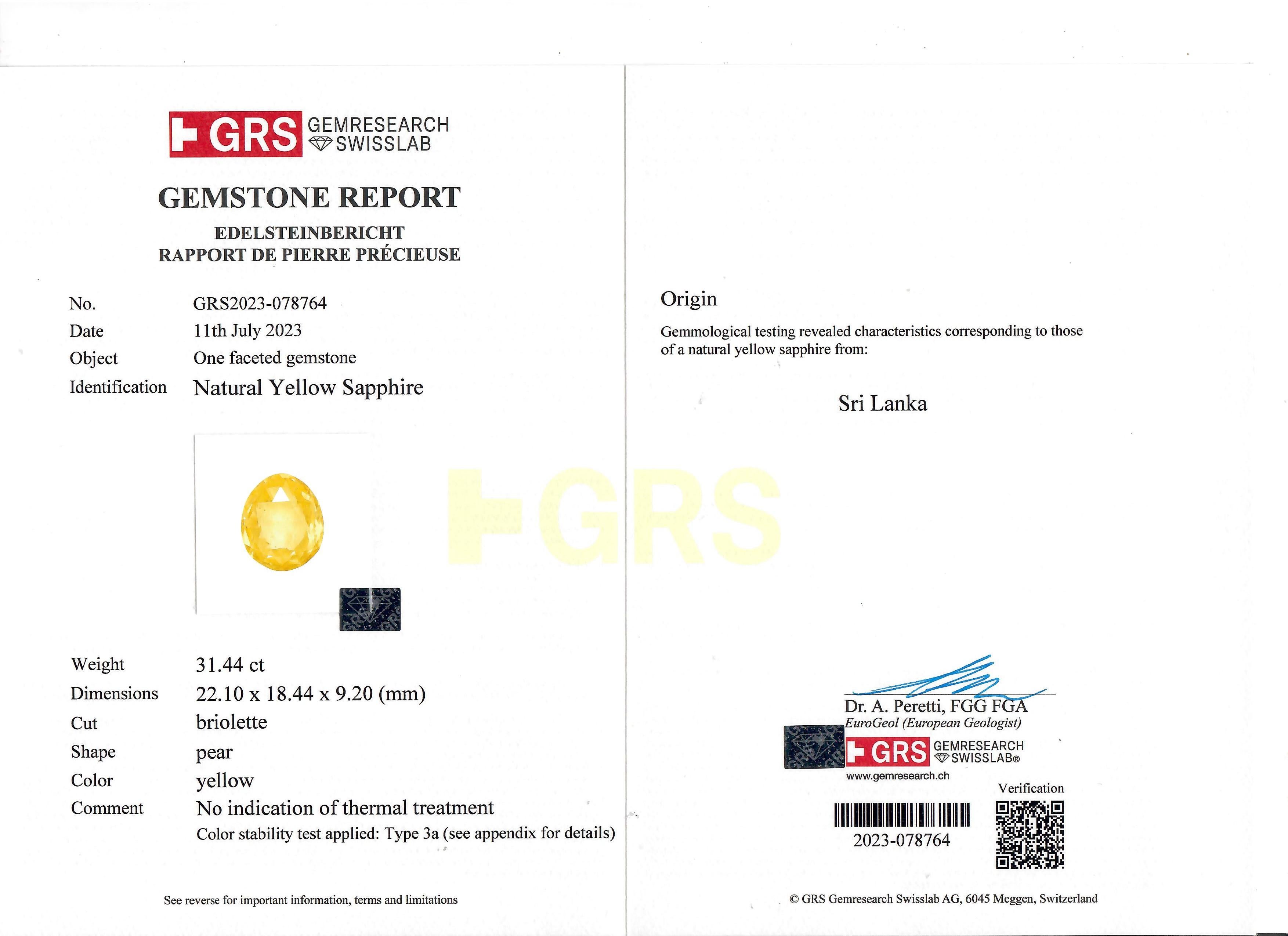 GRS Certified No Heat Briolette Pear Yellow Sapphire Cts 31.44 For Sale 7