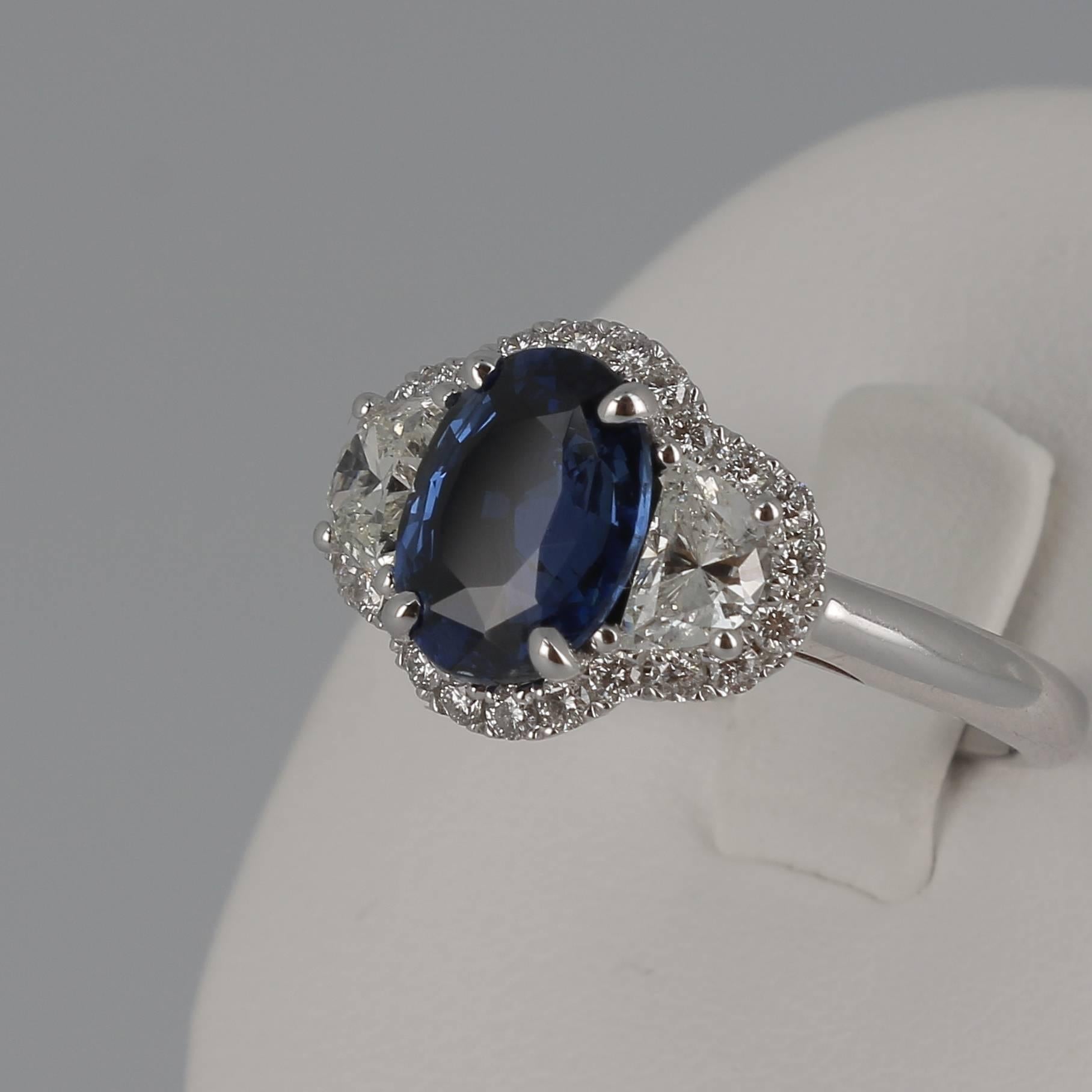 Contemporary GRS Certified No Heated 2.07 Carat CEYLON Blue Sapphire Ring/ Heart Diamond Ring For Sale