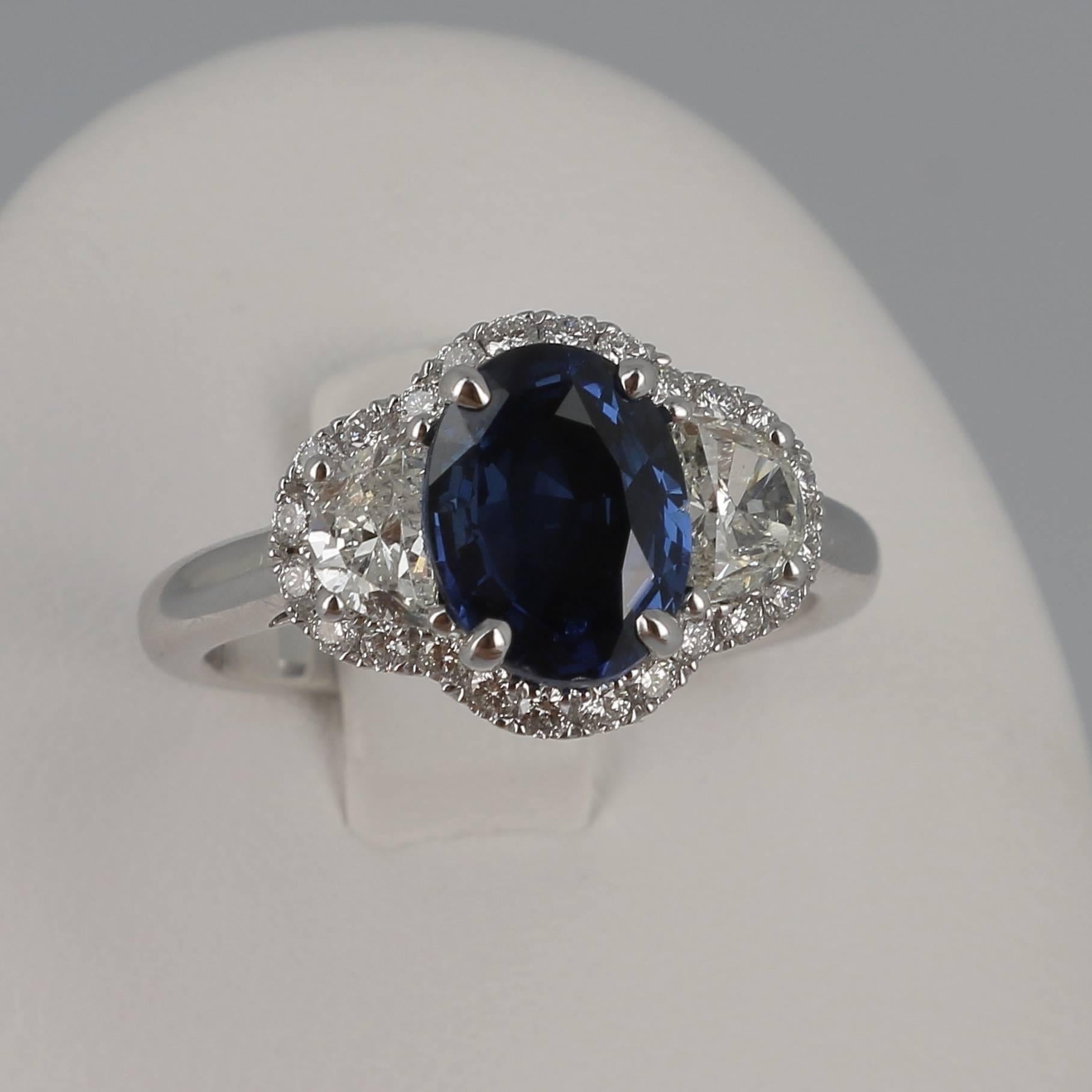 Oval Cut GRS Certified No Heated 2.07 Carat CEYLON Blue Sapphire Ring/ Heart Diamond Ring For Sale