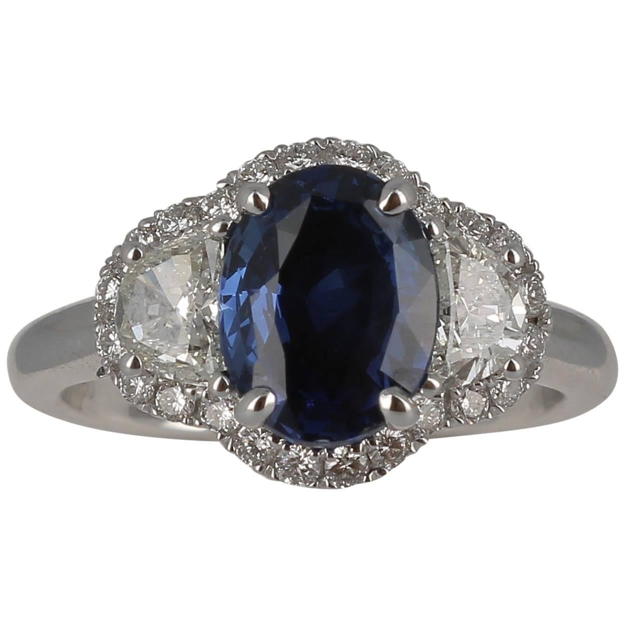 GRS Certified No Heated 2.07 Carat CEYLON Blue Sapphire Ring/ Heart Diamond Ring For Sale