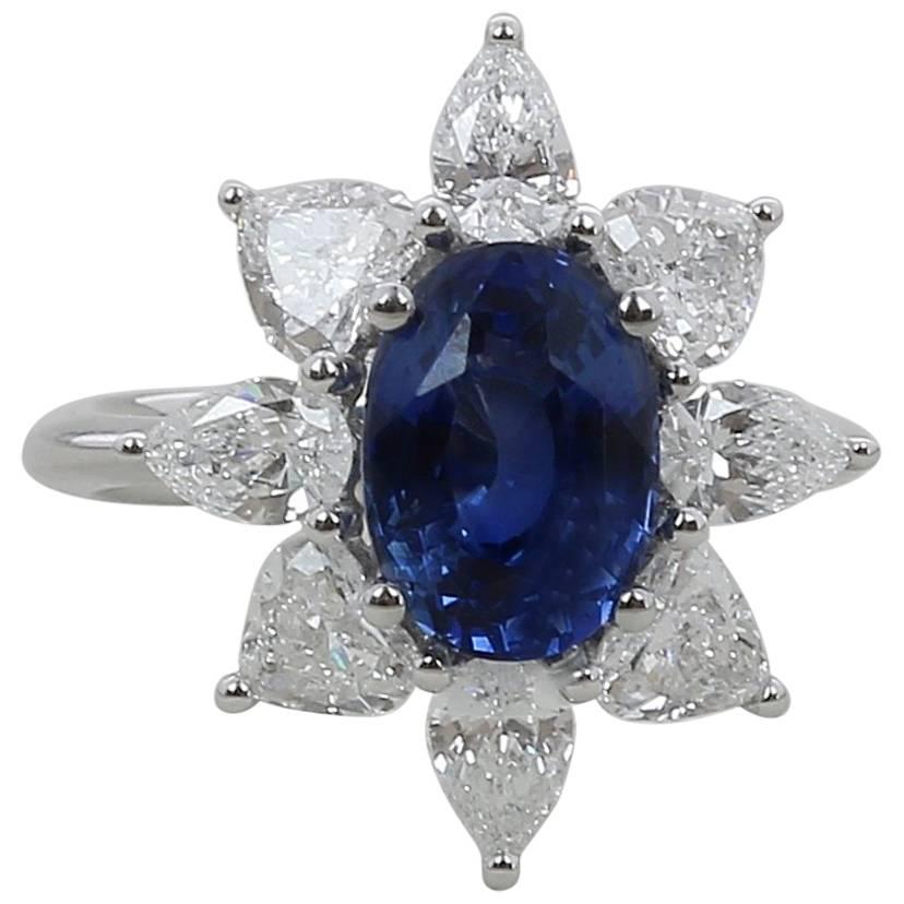3.18 Carat Blue Sapphire Ring / 1.91 Cts Pear Diamonds Hearts Diamond Ring For Sale