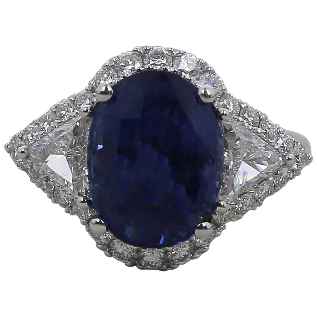 6.97 Carat Vivid Blue Sapphire Ring Type Royal Blue No Heated 18K White Gold For Sale