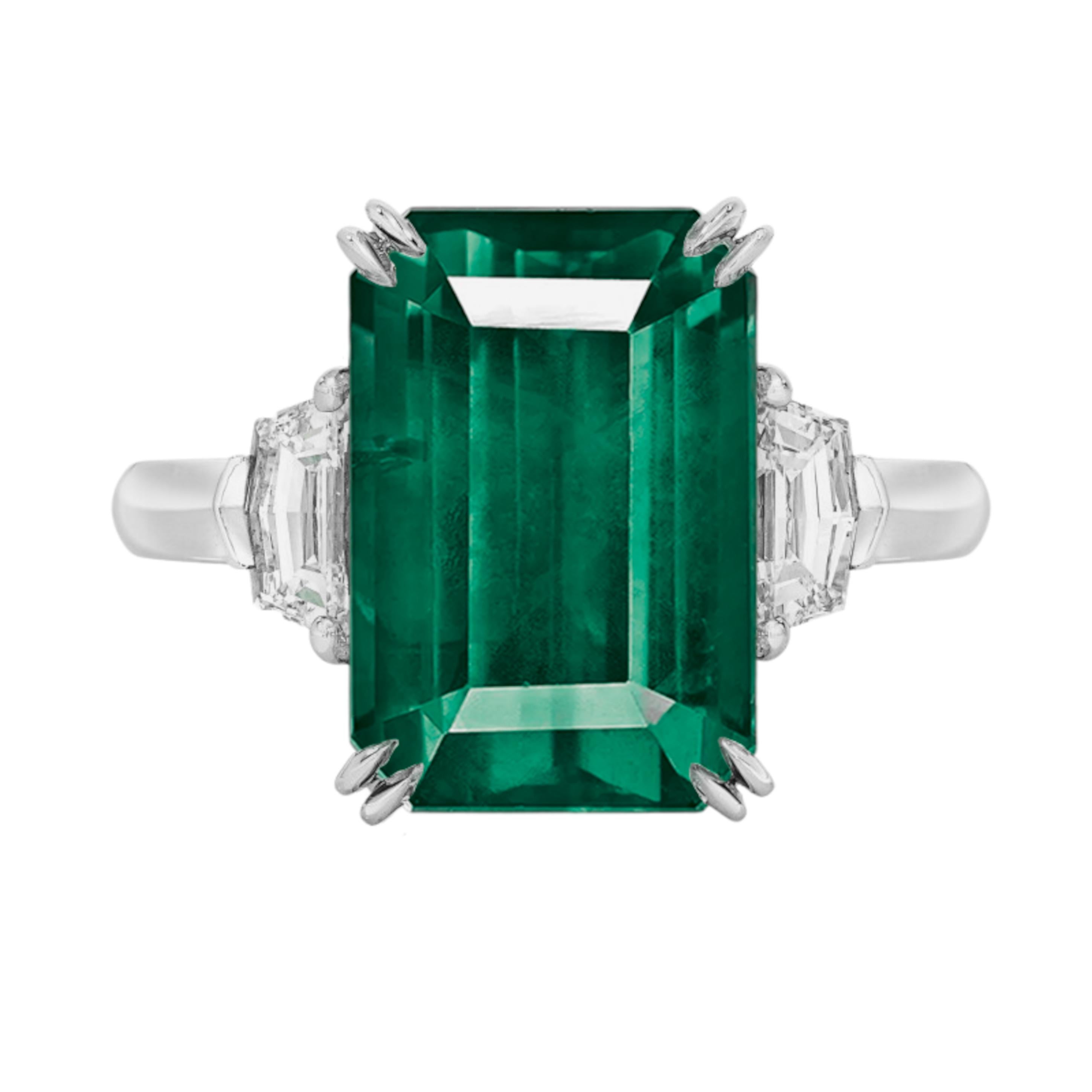 Emerald Cut GRS Certified NO OIL INSIGNIFICANT 9.17 Carat VIVID Green Emerald Diamond Ring For Sale