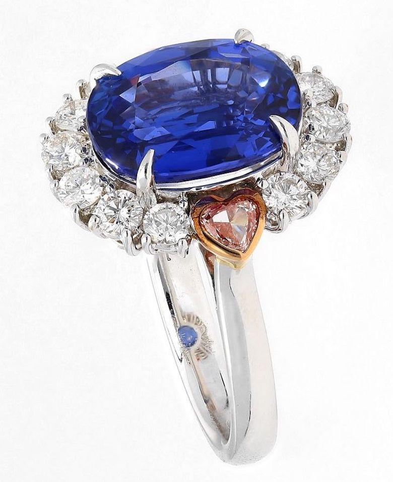 Taille ovale Bague saphir de Ceylan non chauffé de taille ovale certifié GRS et diamant en vente