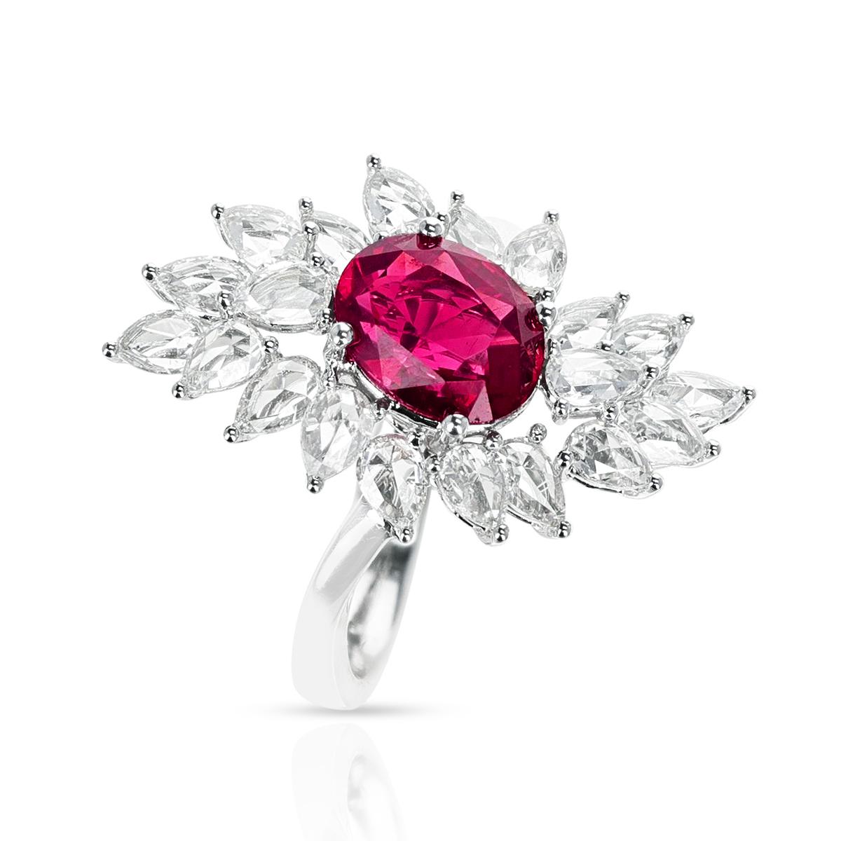 A GRS Certified Oval-Orangy Pinkish Red 2.65 ct. Tanzanian Spinel and Diamond Cocktail Ring made in 18 Karat White Gold. The diamonds weigh appx. 1.71 cts. The total weight of the ring is 6.83 grams. The ring size is US 7.
