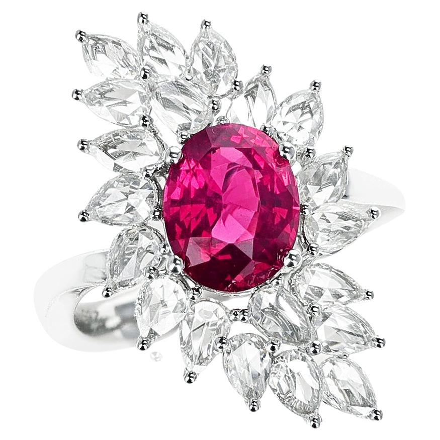 GRS Certified Oval-Orangy Pinkish Red 2.65 ct. Tanzanian Spinel and Diamond Ring For Sale