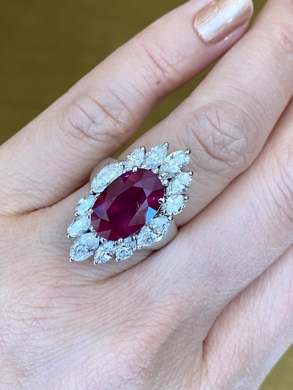 Oval Cut GRS Certified Oval Ruby 7.02 carat and Diamond Halo Cocktail Ring in Platinum For Sale