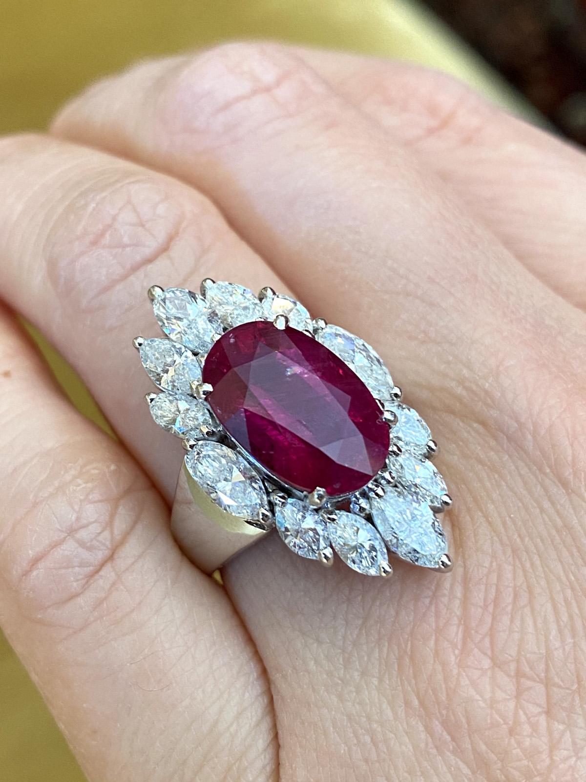 GRS Certified Oval Ruby 7.02 carat and Diamond Halo Cocktail Ring in Platinum In Excellent Condition For Sale In La Jolla, CA