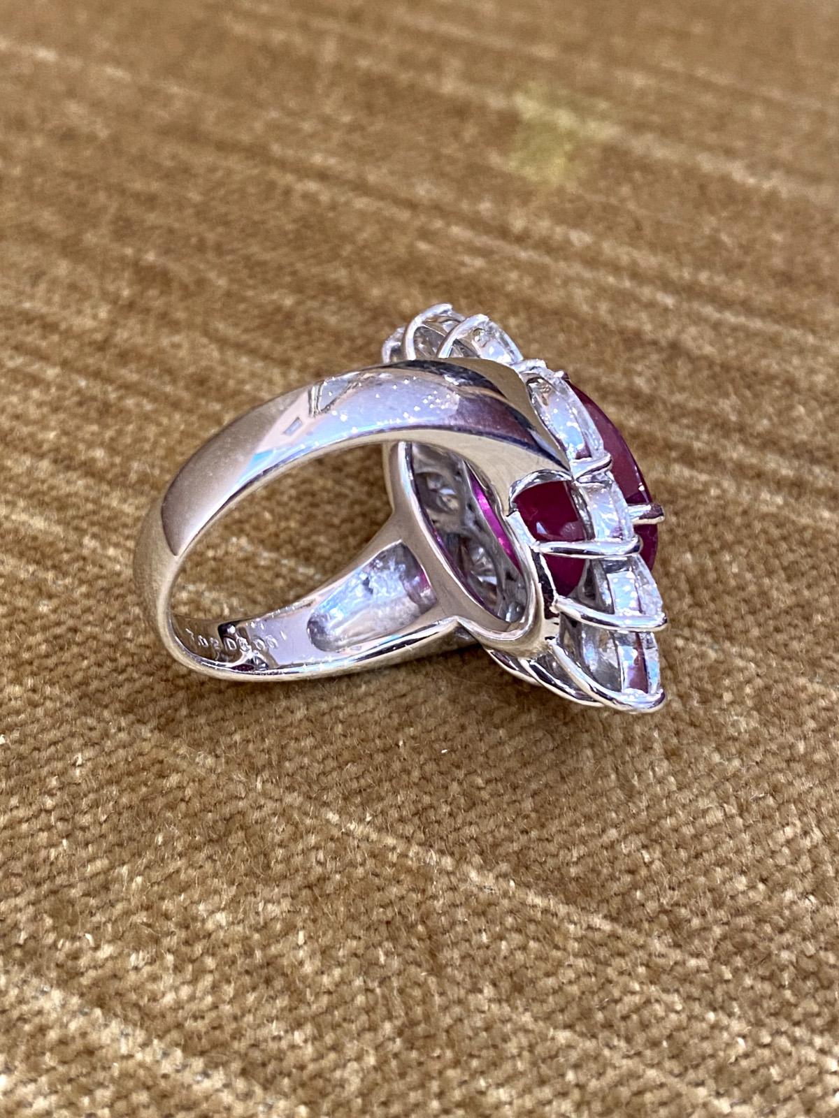 GRS Certified Oval Ruby 7.02 carat and Diamond Halo Cocktail Ring in Platinum For Sale 1