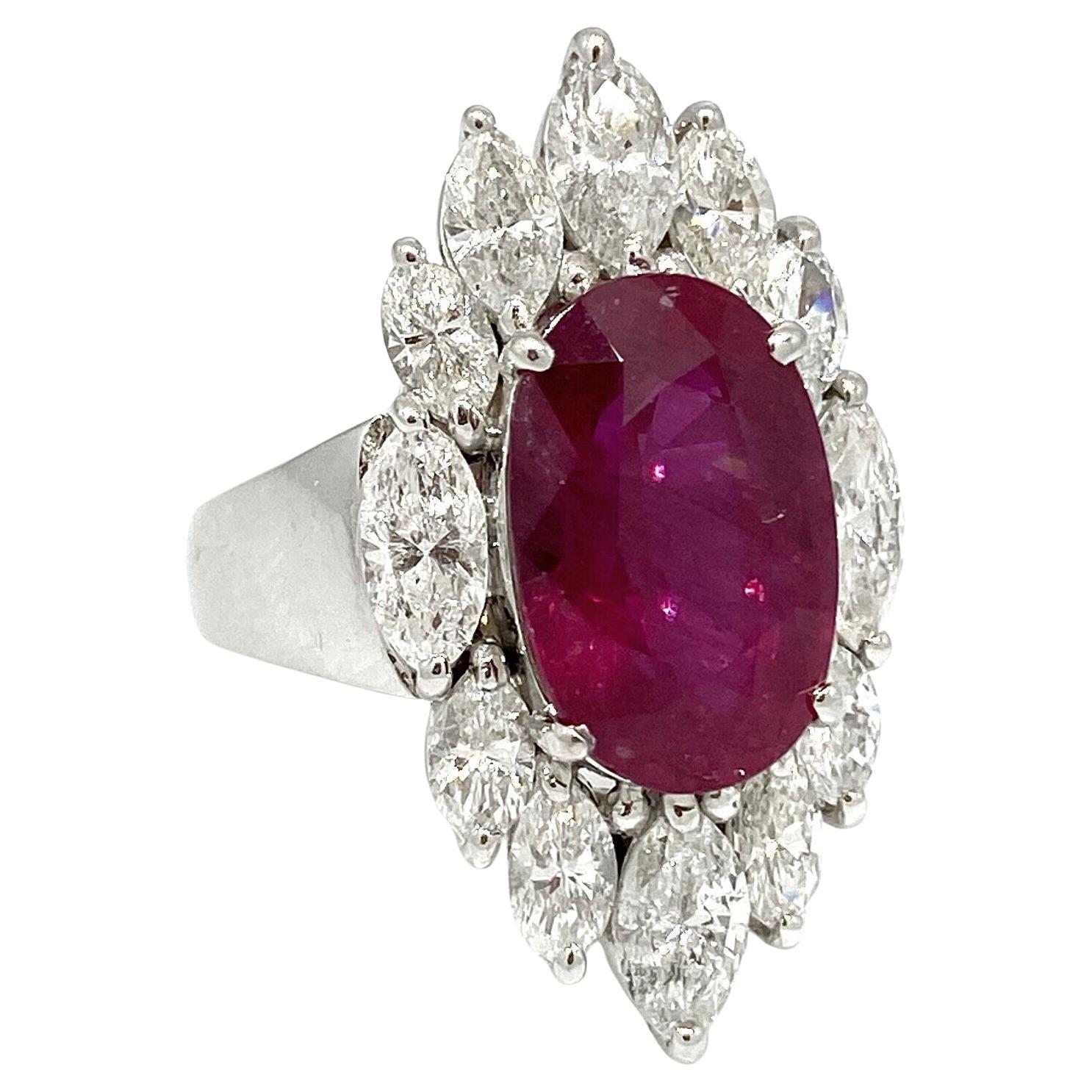 GRS Certified Oval Ruby 7.02 carat and Diamond Halo Cocktail Ring in Platinum For Sale