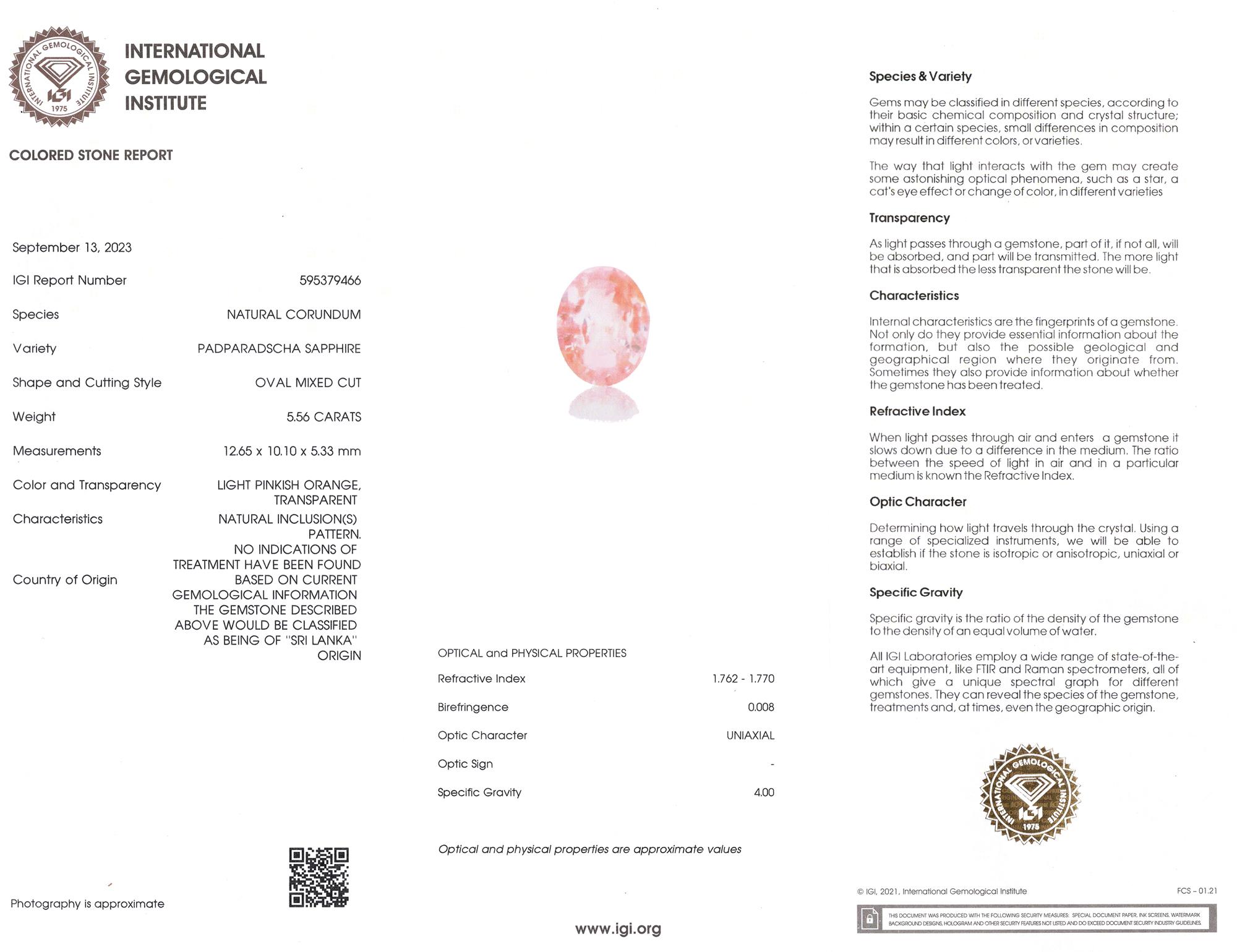 GRS Certified Padparadscha Orange Pink 5.50 Carat Oval Solitaire Ring In New Condition For Sale In Chicago, IL