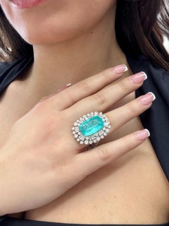 GRS Certified Paraiba Tourmaline Diamond Ring, 13.61ct, 18K White Gold