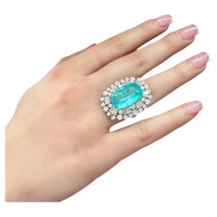 GRS Certified Paraiba Tourmaline Diamond Ring, 13.61ct, 18K White Gold