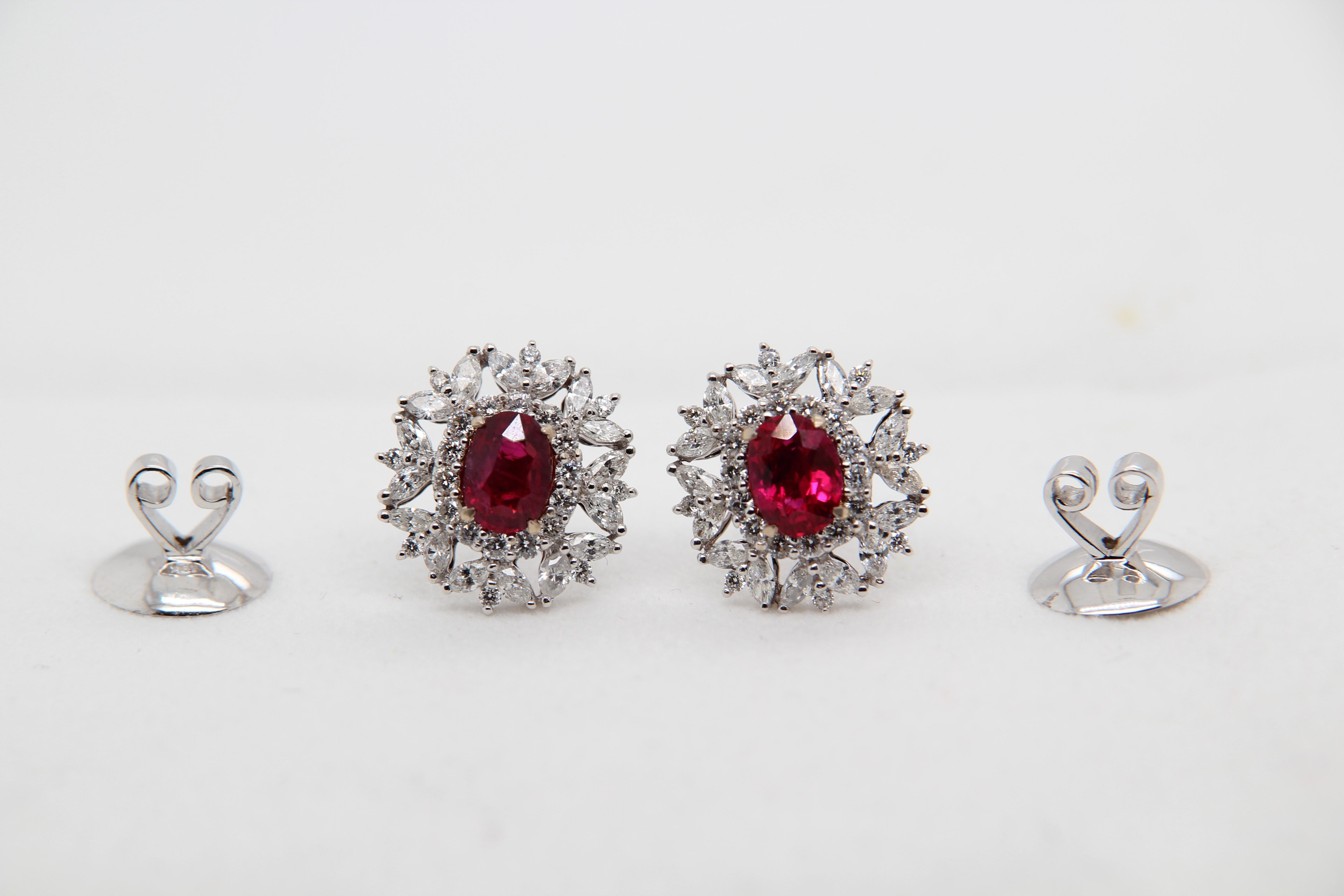 Oval Cut GRS Certified Pigeon Blood 2.09 Burmese No Heat Ruby and Diamond Earring For Sale