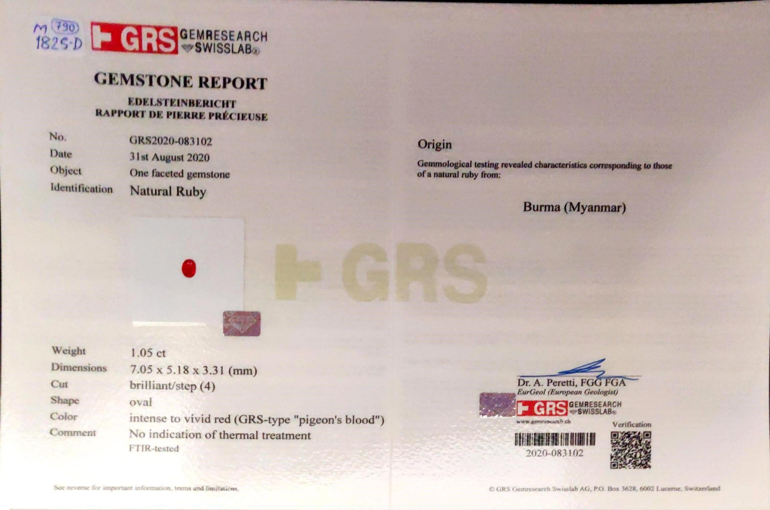 Women's or Men's GRS Certified Pigeon Blood 2.09 Burmese No Heat Ruby and Diamond Earring For Sale
