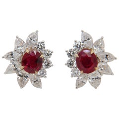 GRS Certified Pigeon Blood 2.14 Burmese No Heat Ruby and Diamond Earring