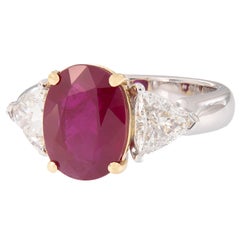 GRS Certified "Pigeon Blood" Burma Ruby & Diamond 18 Karat Gold Three-Stone Ring