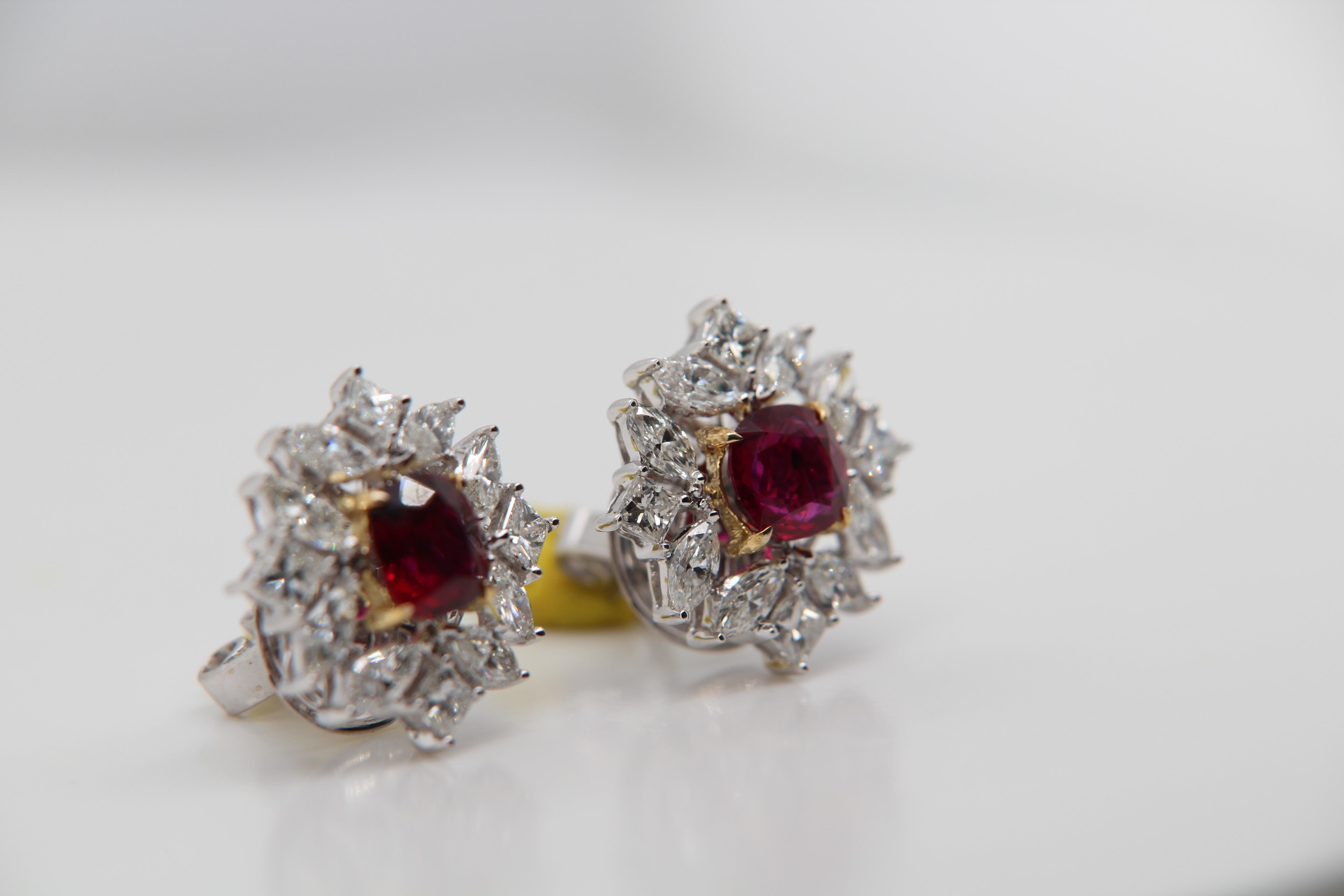 Round Cut GRS Certified Pigeon Blood/ V. Red 2.15 Burmese No Heat Ruby and Diamond Earring