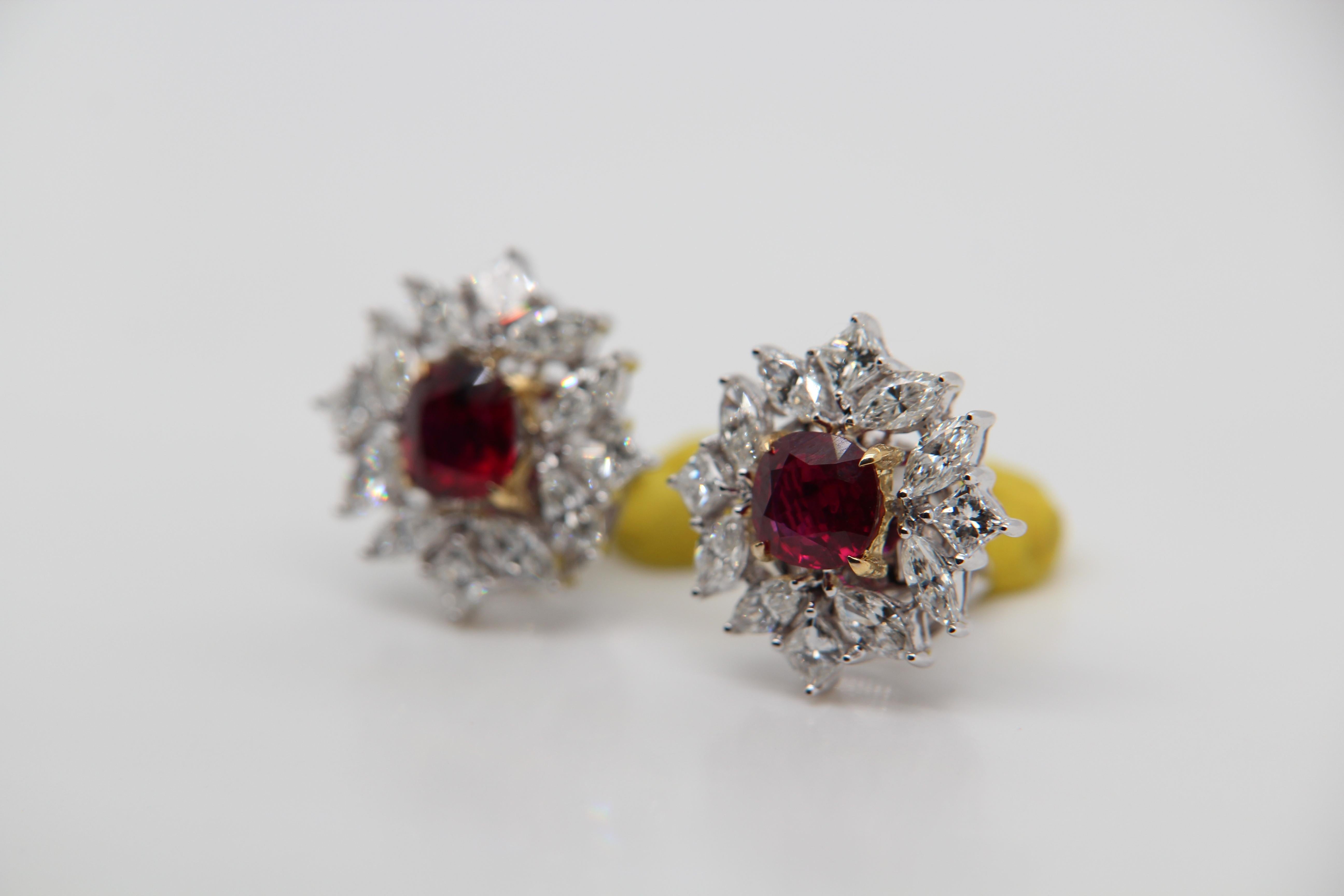 GRS Certified Pigeon Blood/ V. Red 2.15 Burmese No Heat Ruby and Diamond Earring In New Condition In Bangkok, TH