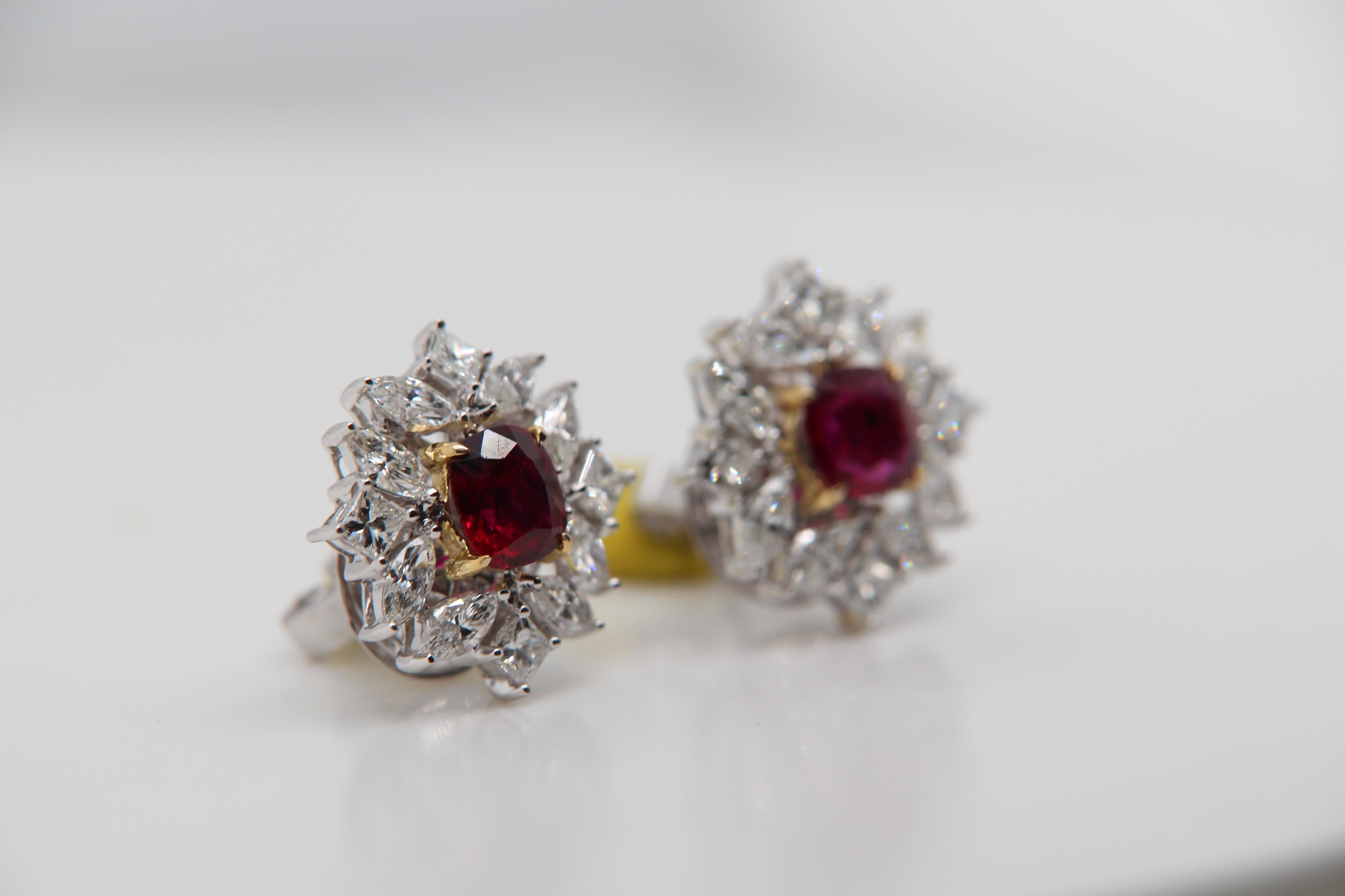 Women's or Men's GRS Certified Pigeon Blood/ V. Red 2.15 Burmese No Heat Ruby and Diamond Earring