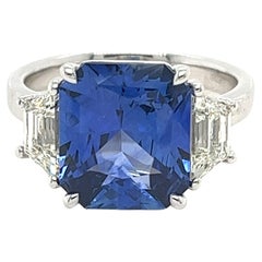 GRS Certified Radiant Cut Ceylon Sapphire & Diamond Three Stone Ring in Platinum