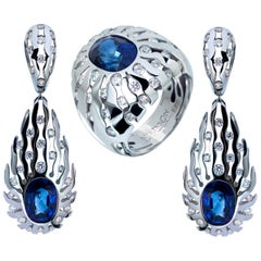 GRS Certified Royal Blue Sapphires Diamonds 18 Karat White Gold Suite