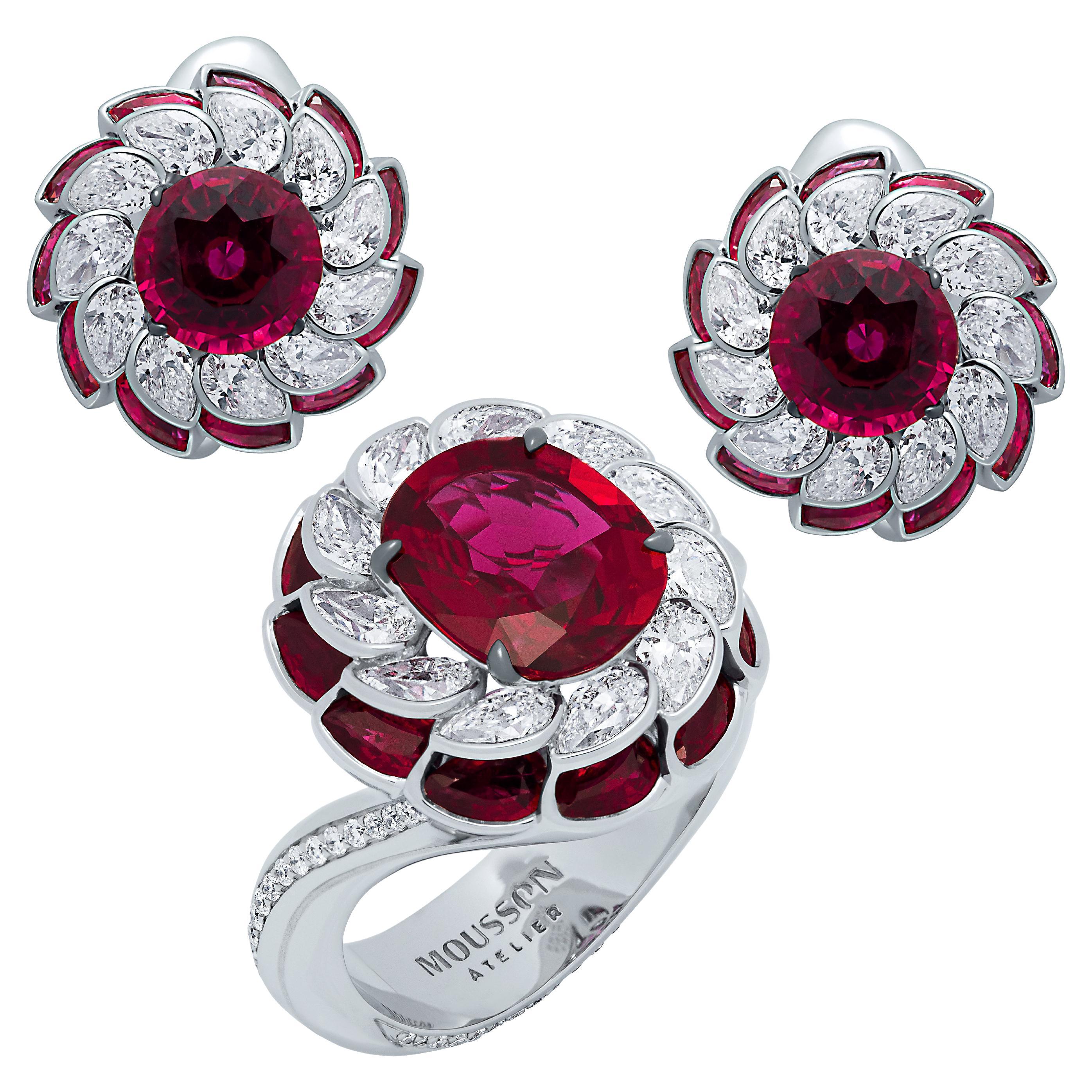 Parure de haute joaillerie en or blanc 18 carats avec rubis, diamants, rubis et poire certifiés GRS