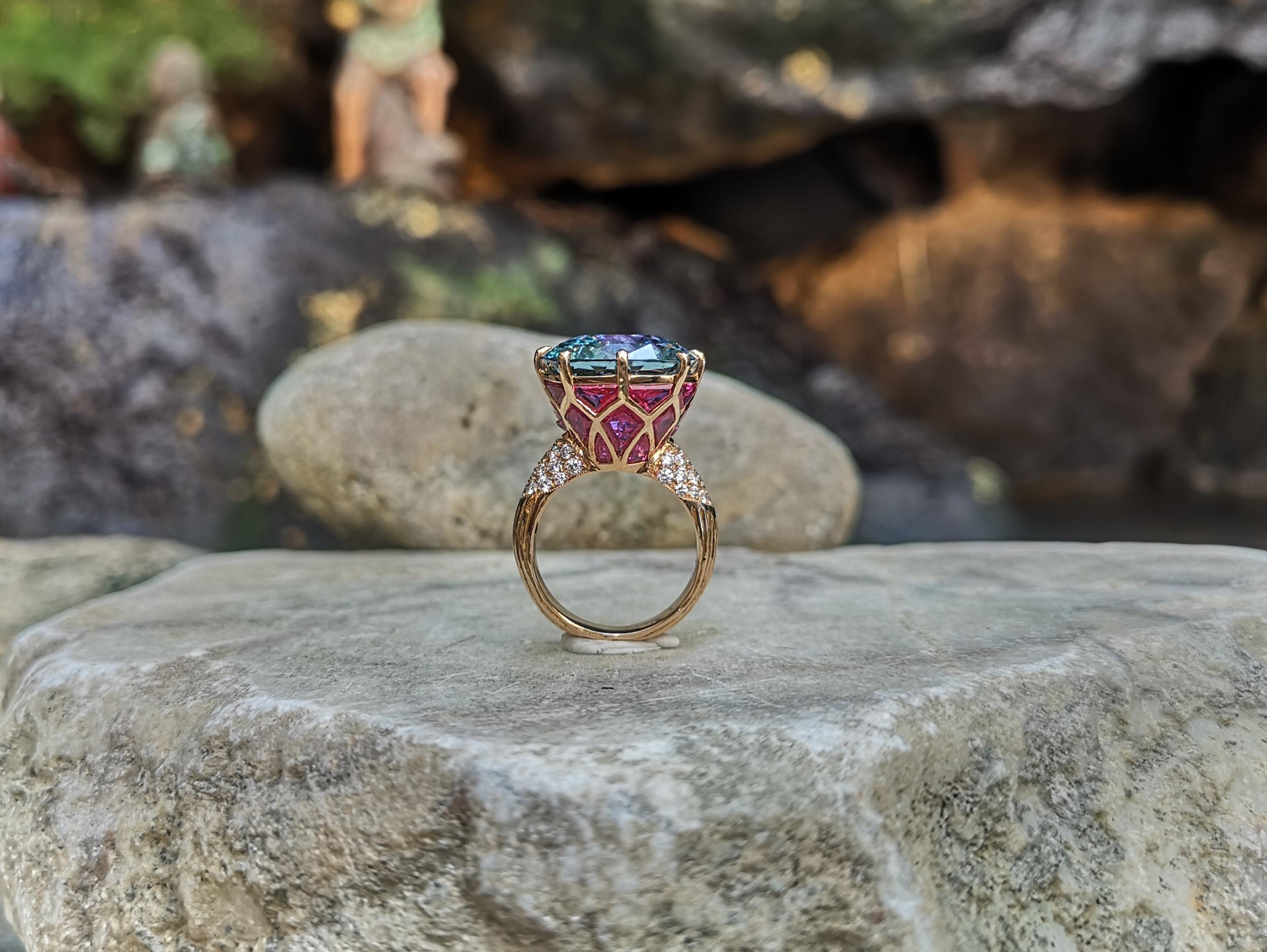 GRS Certified Santa Maria Aquamarine, Ruby, Diamond Ring in 18 Karat Rose Gold 4